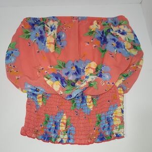 Fashion Dazzle Coral Floral Smocked Sleeveless Tube Crop Top